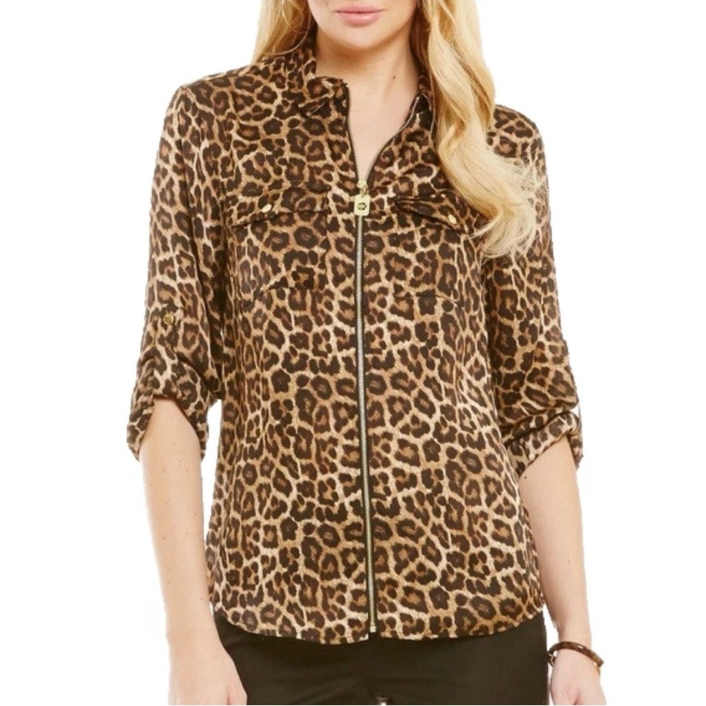 Michael Kors Leopard Animal Print Zipper Role Tab Sleeve Blouse Size XS